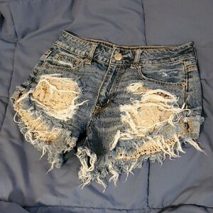 American Eagle Shorts Womens Size 4 Blue Lace Hi-rise Festival Distressed